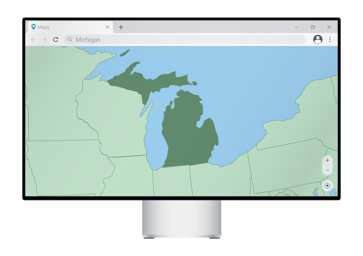 Vector computer monitor with map of michigan in browser search for the country of michigan on the web mapping program