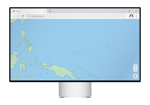 Монитор компьютера с картой Микронезии в браузере ищет страну Микронезия в программе веб-картографии