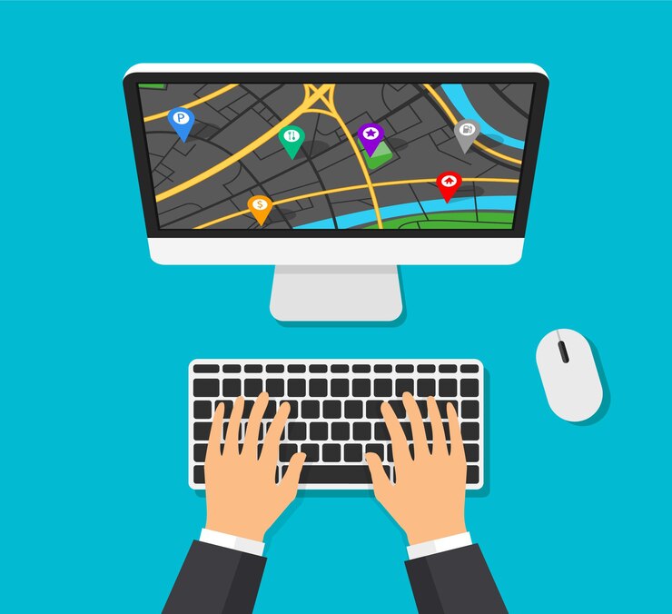 Vector computer monitor with map navigation on a screen. gps navigator with different pinpoints. man are typing on computer keyboard and and making a route.