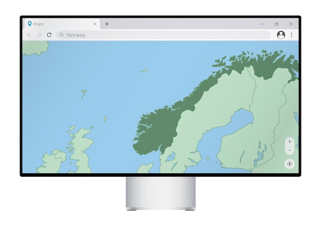 ノルウェーの国のブラウザ検索でノルウェーの地図を備えたコンピュータモニター