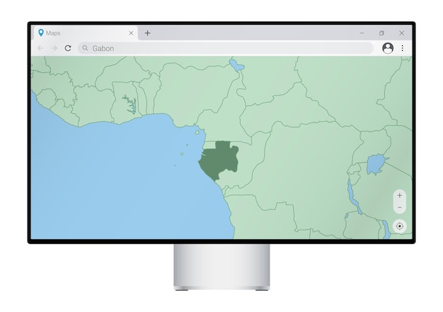 ブラウザでガボンの地図を表示するコンピュータモニター。webマッピングプログラムでガボンの国を検索します。