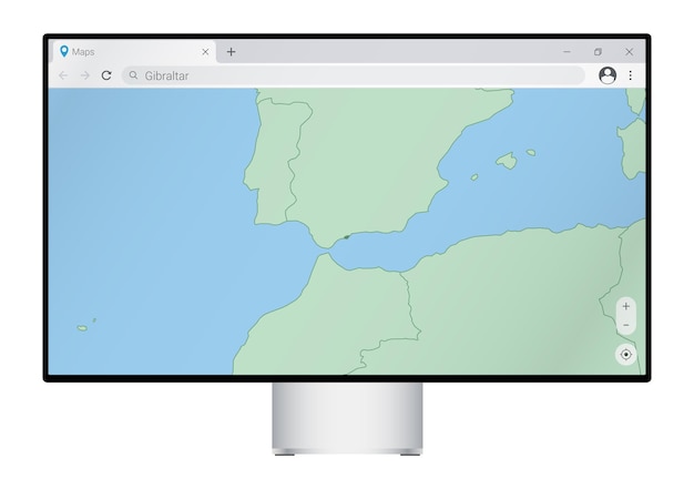 Монитор компьютера с картой гибралтара в браузере, найдите страну гибралтар в картографической веб-программе.