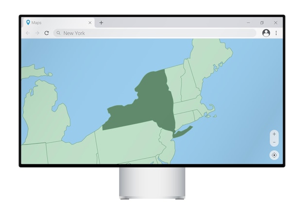 Монитор компьютера с картой нью-йорка в браузере ищет страну нью-йорк в программе веб-картографии