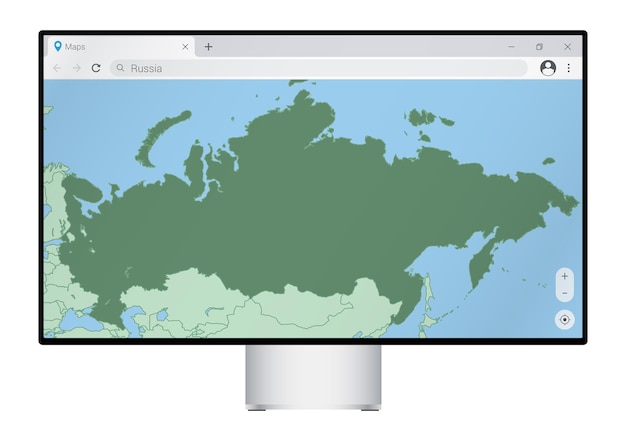 브라우저에 러시아 지도가 있는 컴퓨터 모니터, 웹 매핑 프로그램에서 러시아 국가를 검색합니다.