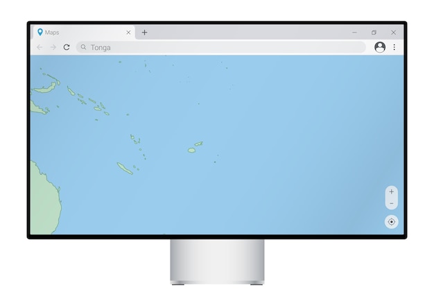 벡터 웹 매핑 프로그램에서 통가 국가를 검색하는 브라우저에서 통가 지도가 있는 컴퓨터 모니터