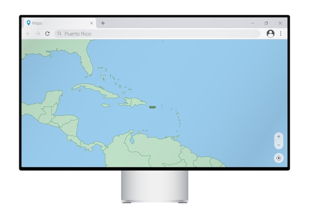 Monitor del computer con mappa di porto rico nel browser, cerca il paese di porto rico sul programma di mappatura web.