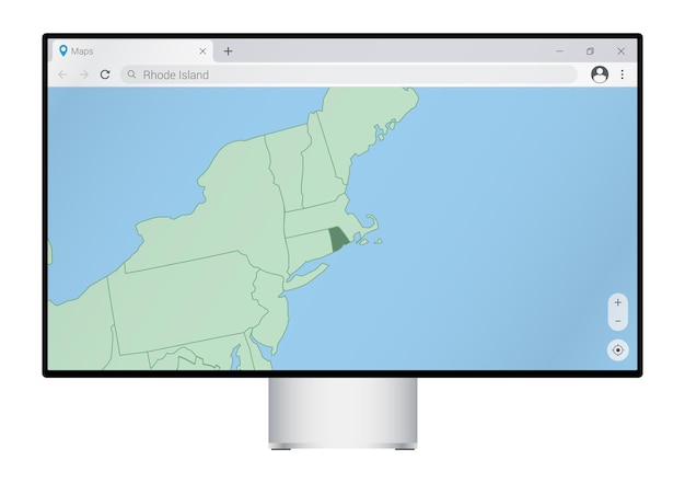 Computer monitor with map of rhode island in browser search