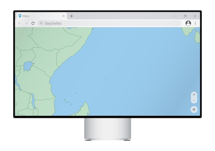 Vector computer monitor with map of seychelles in browser, search for the country of seychelles on the web mapping program.