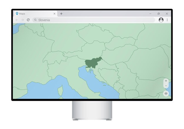 Computer monitor with map of Slovenia in browser, search for the country of Slovenia on the web mapping program.