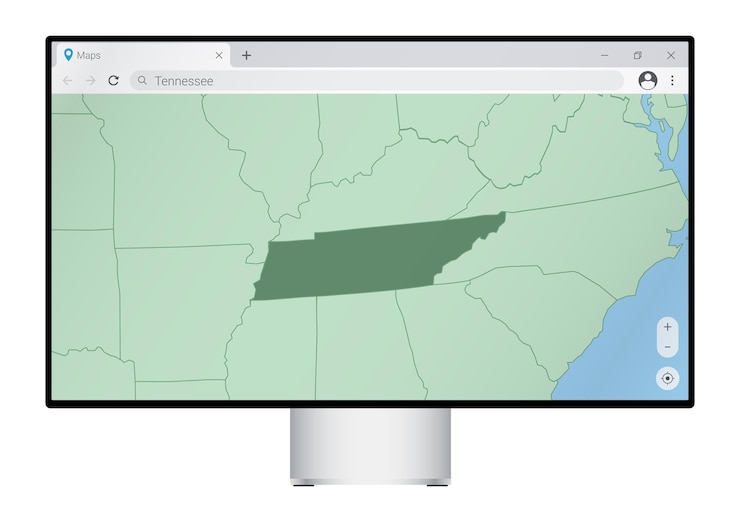 Vector computer monitor with map of tennessee in browser search for the country of tennessee on the web mapping program