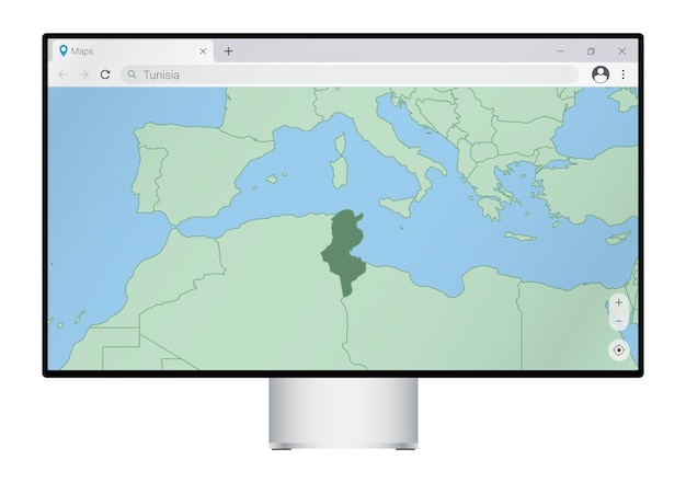 Computer monitor with map of Tunisia in browser, search for the country of Tunisia on the web mapping program.