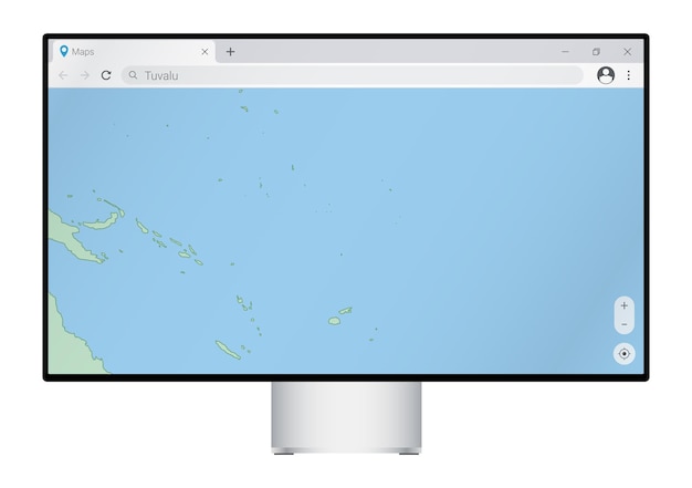 Vettore monitor del computer con mappa di tuvalu nella ricerca del browser per il paese di tuvalu sul programma di mappatura web