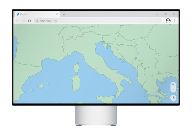 브라우저에서 바티칸 시국 지도가 있는 컴퓨터 모니터, 웹 매핑 프로그램에서 바티칸 시국 국가를 검색합니다.