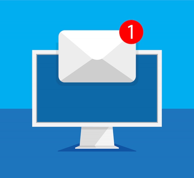 Computer monitor with open envelope and document on a screen. Getting or send new letter. E-mail, email marketing, internet advertising concepts in trendy style.  illustration.