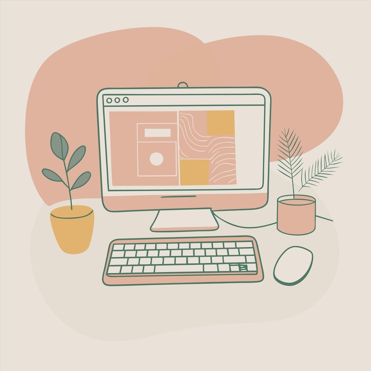 Vector a computer monitor with a pink background with a picture of a plant and a pot with a plant