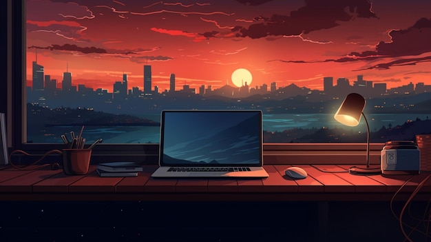 Vector a computer monitor with a red sunset in the background