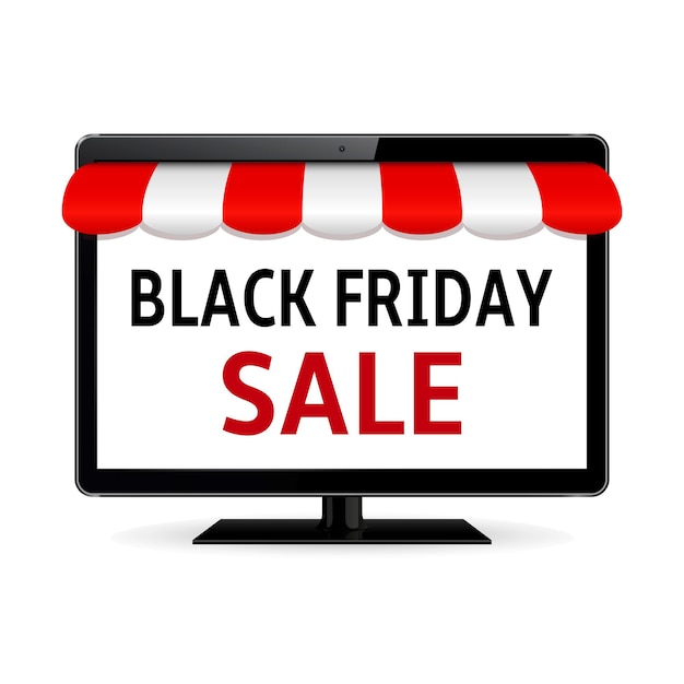 Vector computer monitor with striped awning and black friday sale text on screen