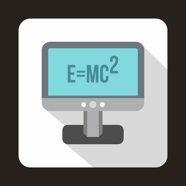 Компьютерный монитор с иконкой формулы теории относительности в плоском стиле на белом фоне