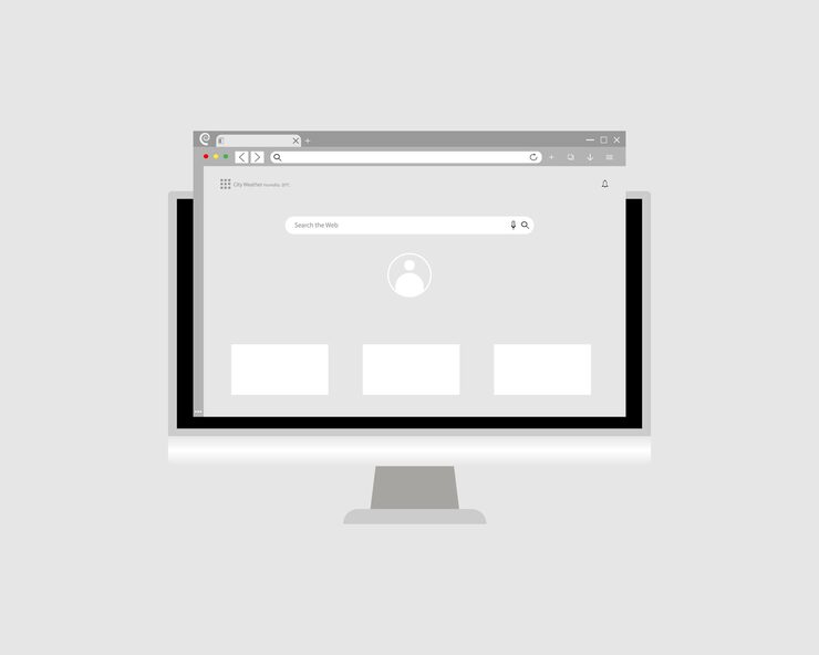 Vector 기본 페이지가 열려 있는 웹 브라우저가 있는 컴퓨터 모니터 브라우저가 있는 데스크탑 모니터 컴퓨터