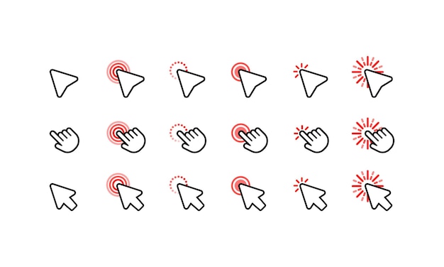 Computer mouse click cursor arrow icons set. Pointer icon. Cursor badge. Mouse click cursor collection. Vector on isolated white background. EPS 10.