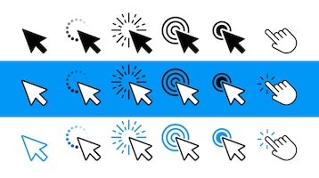 矢量电脑鼠标点击光标黑色、白色和蓝色的箭头图标设置。矢量插图。