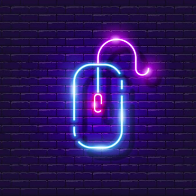 Computer mouse neon sign computer hardware glowing icon vector illustration for design office concept