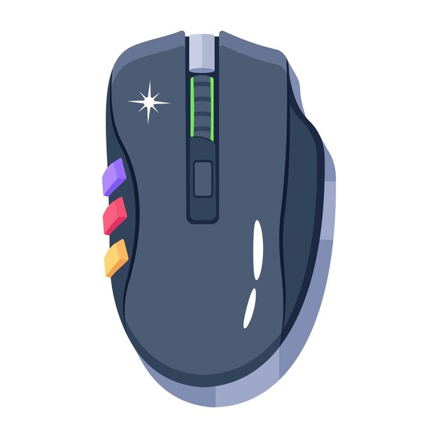 A computer mouse with a multi colored button on the bottom.