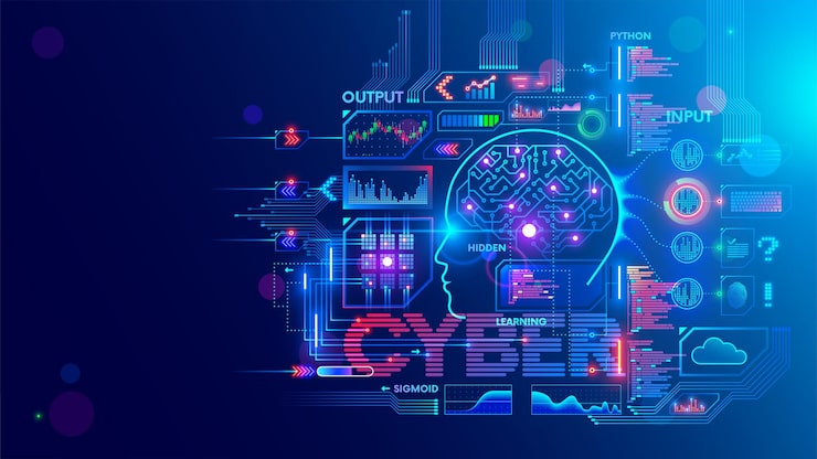 Vector computer neural network or ai abstract interface elements of artificial intelligence deep machine learning big data processing technology cybernetic head with electronic brain with neuron signal