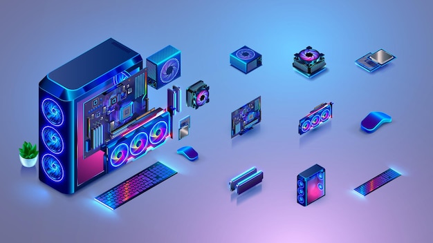 computer parts set in isometric 3d vector realistic color icons of processor motherboard ram cooler power supply computer case graphics card computer hardware assembling a desktop pc computer