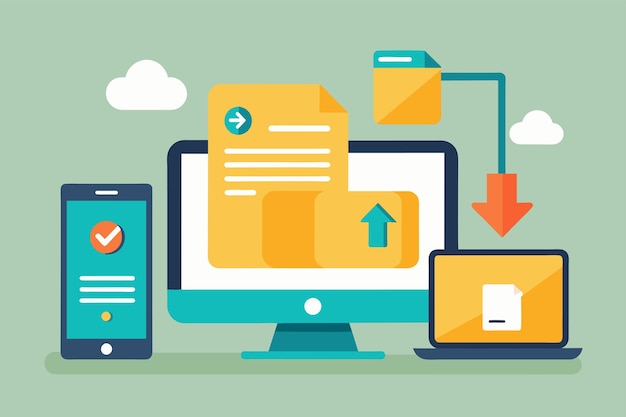 computer phone and tablet displaying a check mark on the screen indicating completion of a task upload files from computer to mobile simple and minimalist flat vector illustration