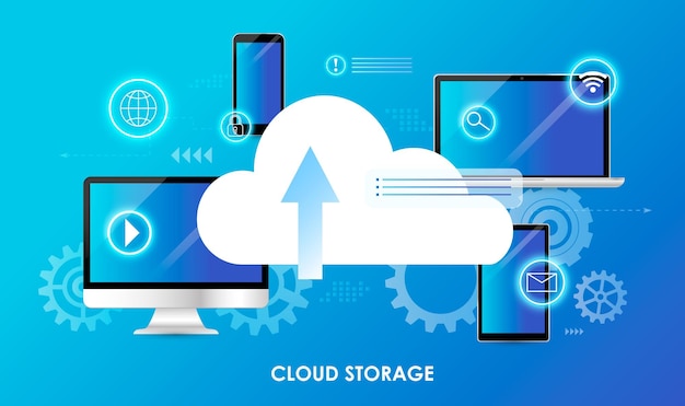 Компьютер телефон планшет ноутбук фон сетевое облачное хранилище хостинг онлайн сервис технология 5g сервер облака личная информация шаблон целевой страницы или веб-баннер векторная иллюстрация