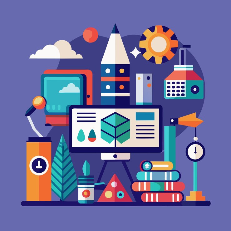 Premium Vector | A computer placed amidst a collection of different ...