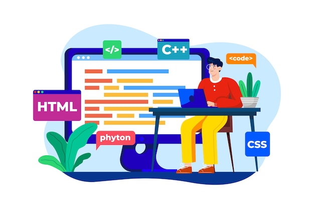 Vettore concetto di illustrazione piatta del programmatore di computer su sfondo bianco