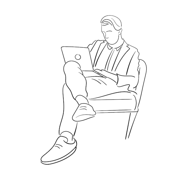 Computer programmer working with laptop outline stroke illustration