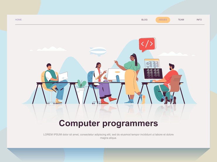 Vector computer programmers web concept for landing page in flat design man and woman working in office with project manager coding and testing vector illustration with people scene for website homepage