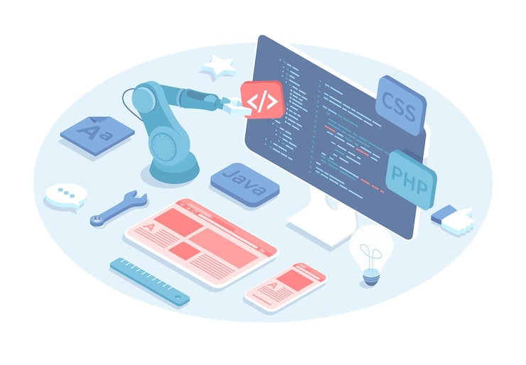 Vector computer programming and coding software development working on code for web app development on co