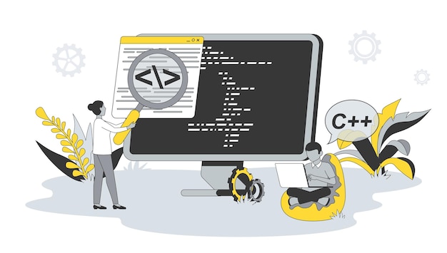 Computer programming concept in flat design with people man and
woman write code and scripts work with programming languages create
software vector illustration with character scene for web
banner