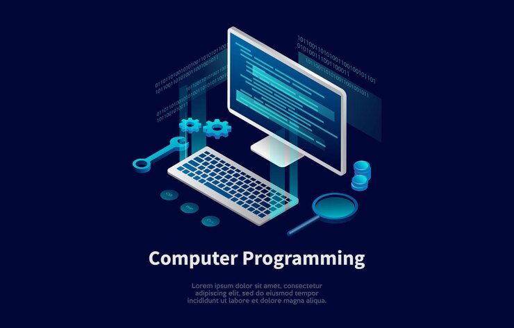 Vector computer programming conceptual illustration in cartoon 3d style.