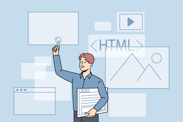 Programmazione informatica e concetto html giovane uomo web designer programmatore di computer in piedi