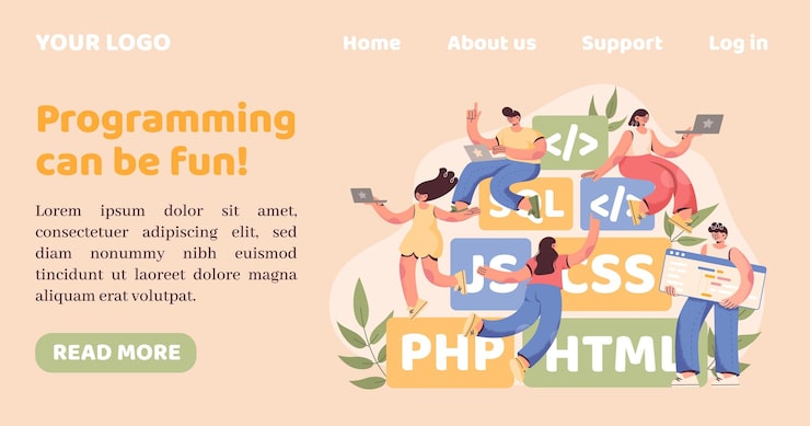 Vector computer programming landing page web design program coder team software agency professional website engineer office digital language backend developer vector illustration concept