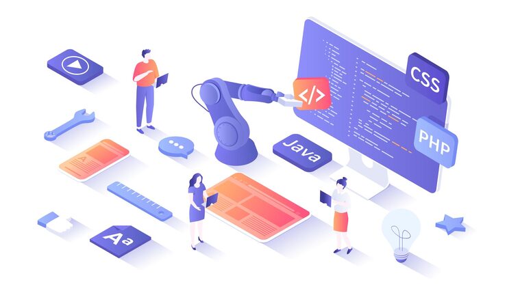 Vector computer programming software web app development program code on monitor screen website templa