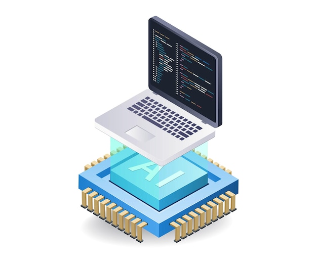 인공지능 개념의 컴퓨터 프로그래밍 평평한 이소메트릭 3D 일러스트레이션