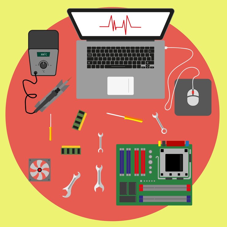 Vector computer repair. computer workshop. computer maintenance, maintenance and diagnostics settings. flat style
