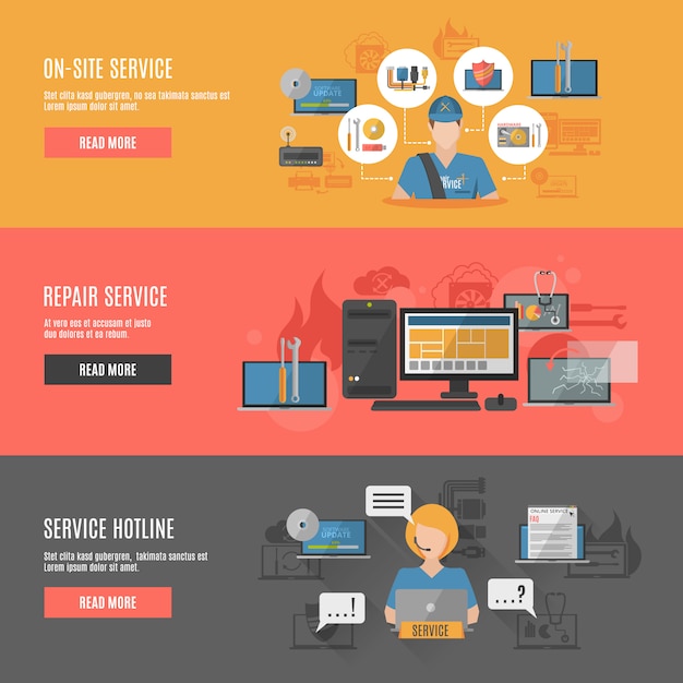 コンピューター修理フラットインタラクティブな水平方向のバナー