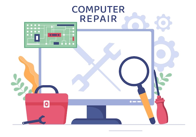 Vector computer repair or service flat cartoon illustration with tools repairman electronics