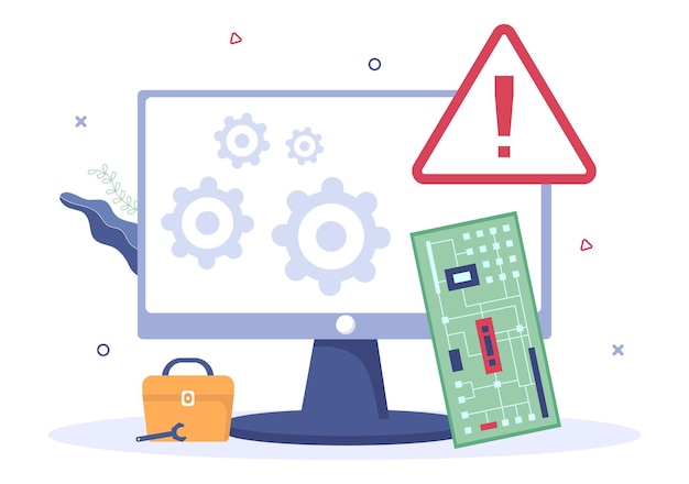 Illustrazione del fumetto piatto di riparazione o servizio del computer con strumenti elettronici riparatore