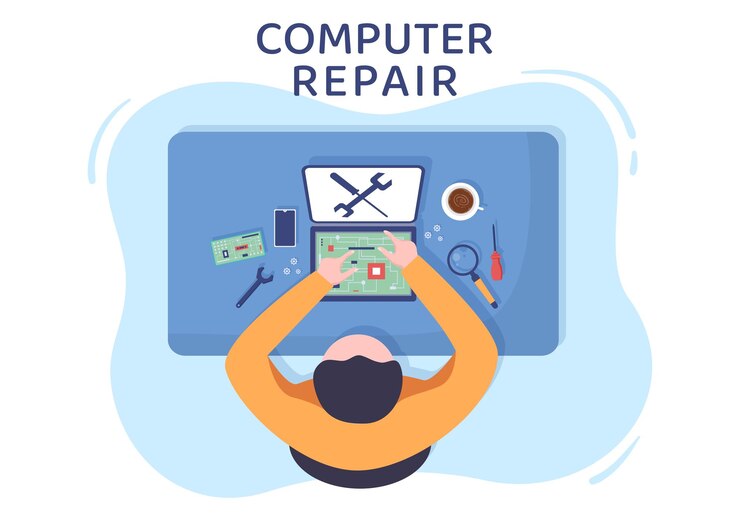 Vector computer repair or service flat cartoon illustration with tools repairman electronics