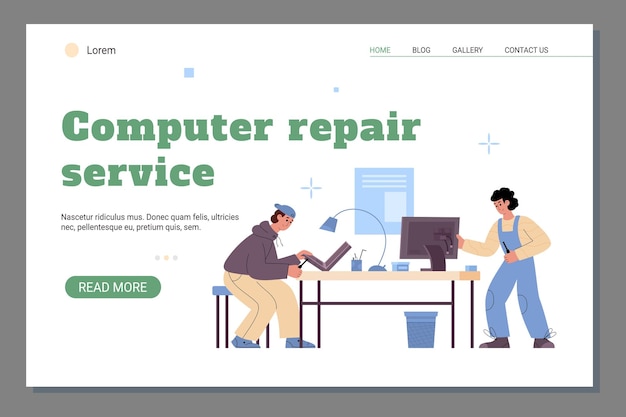 Computer repair service web page interface flat cartoon vector illustration