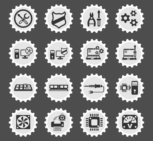 Computer repair symbols on a round postage stamp stylized icons