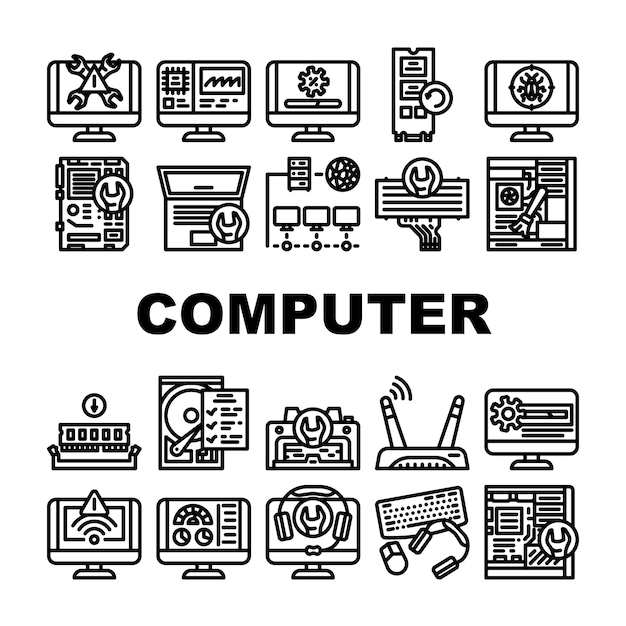 Vector computer repair technician pc icons set vector